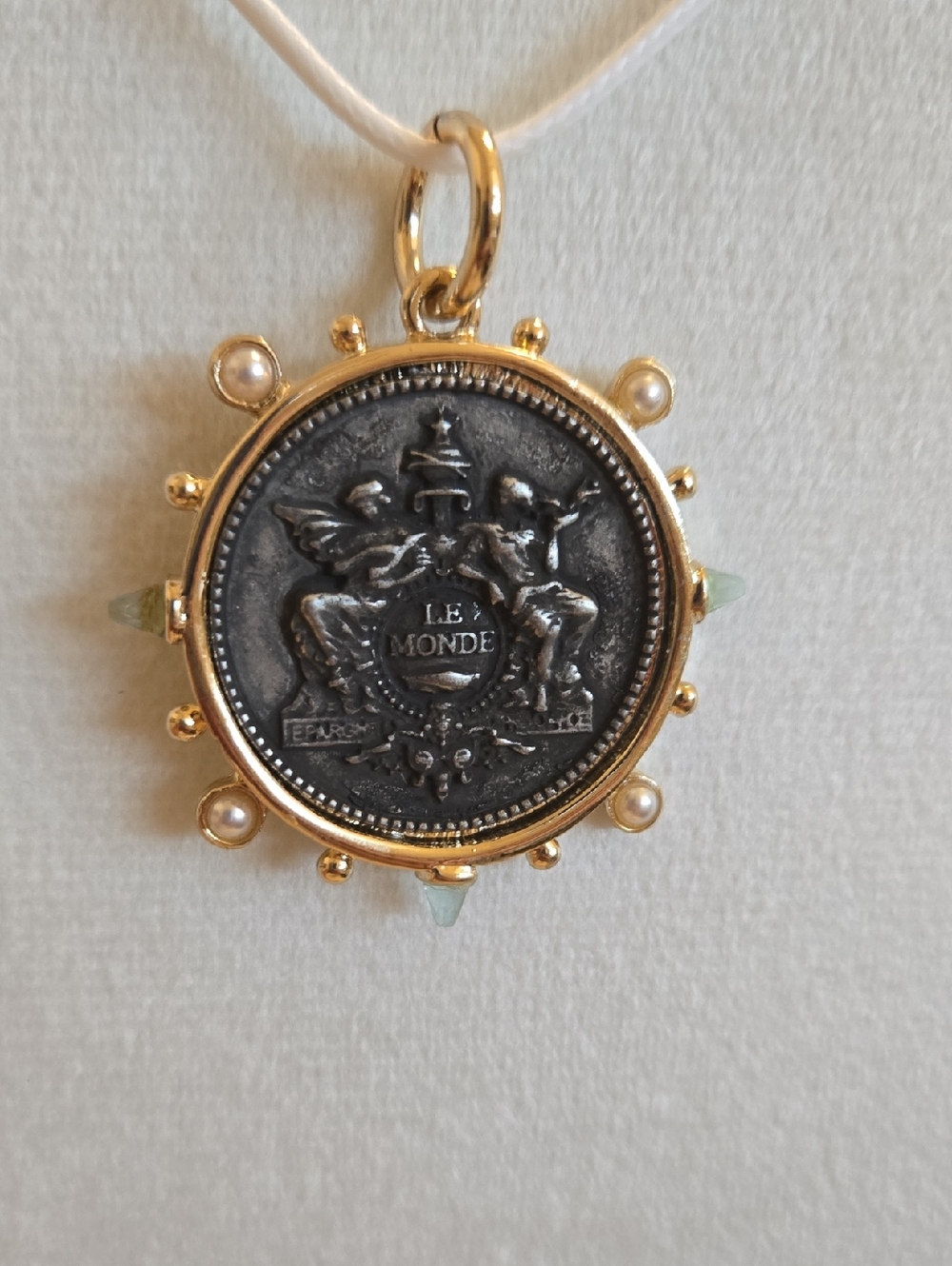 Gold bezel Black French Replica Lemonde coin & Pearl necklace w/ accents